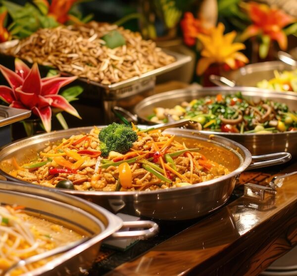 An assortment of dishes on a buffet table at a Thai restaurant.